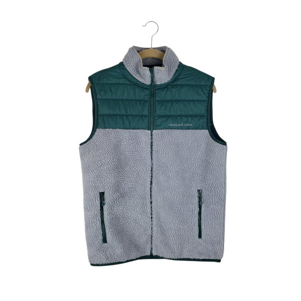 Vineyard Vines Sherpa Vest Full Zip Green Gray Deep Pile Fleece Mens Small
